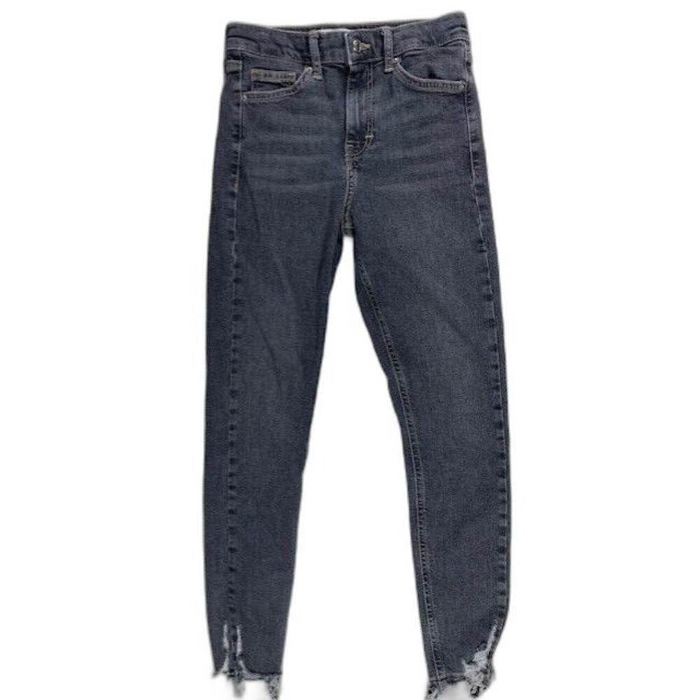 TopShop Size 26 Womens Jeans Black Wash Stretch Mid Rise Skinny Raw Hem Distress